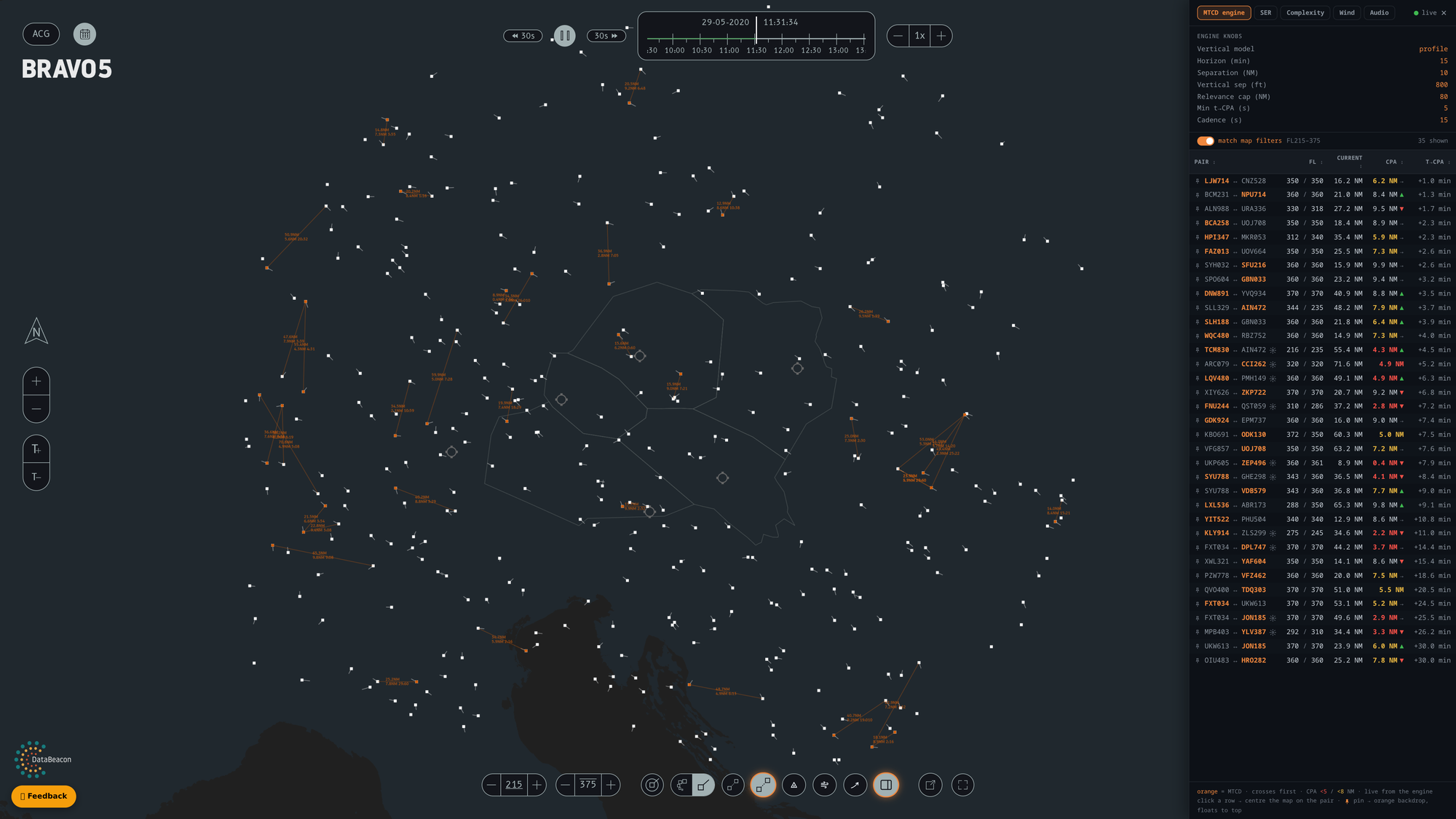BRAVO5 MTCD engine: predicted crossings drawn on the map with time to closest point of approach