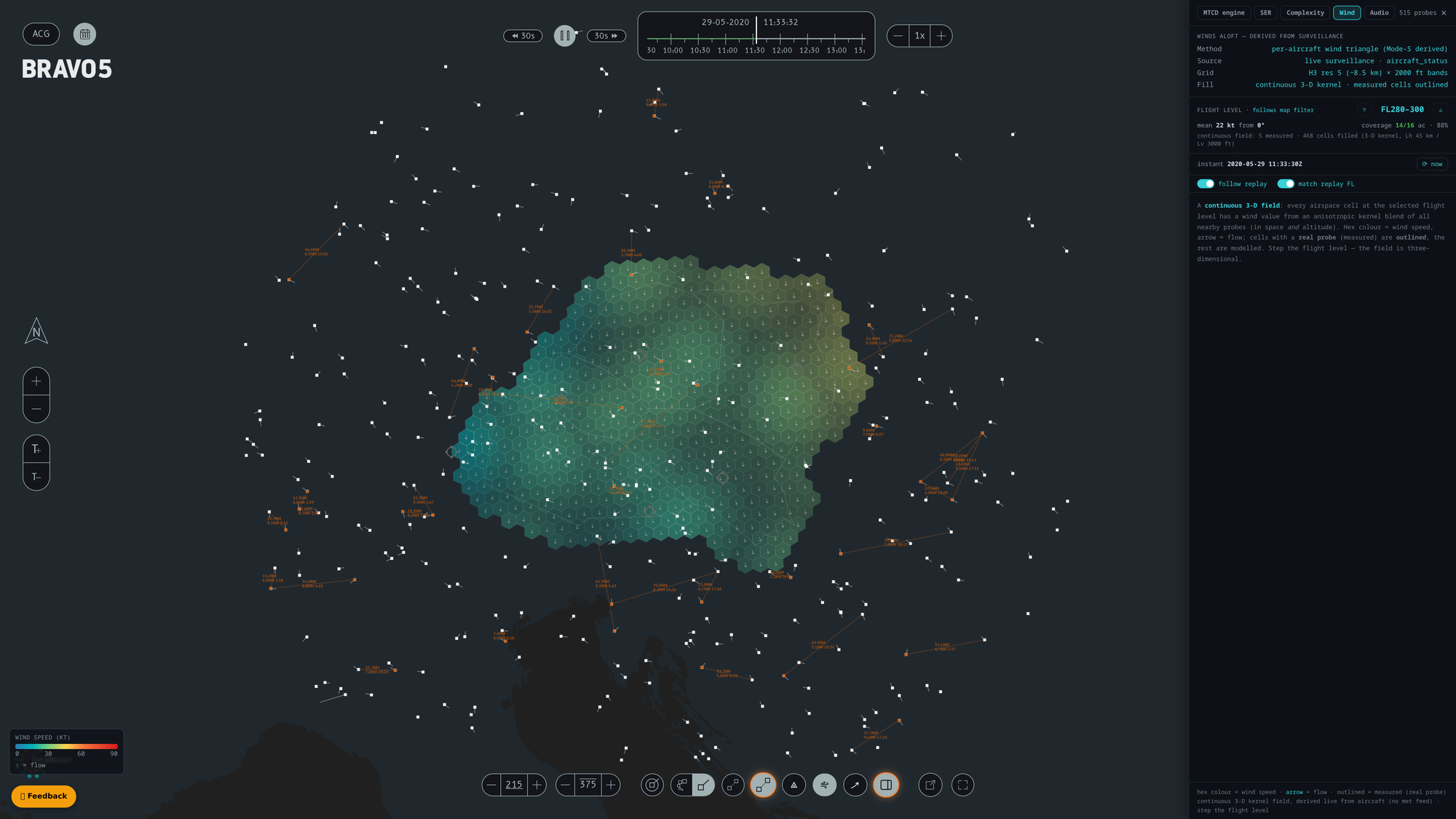 BRAVO5 wind tab: a hexagonal wind field derived from aircraft, coloured by wind speed